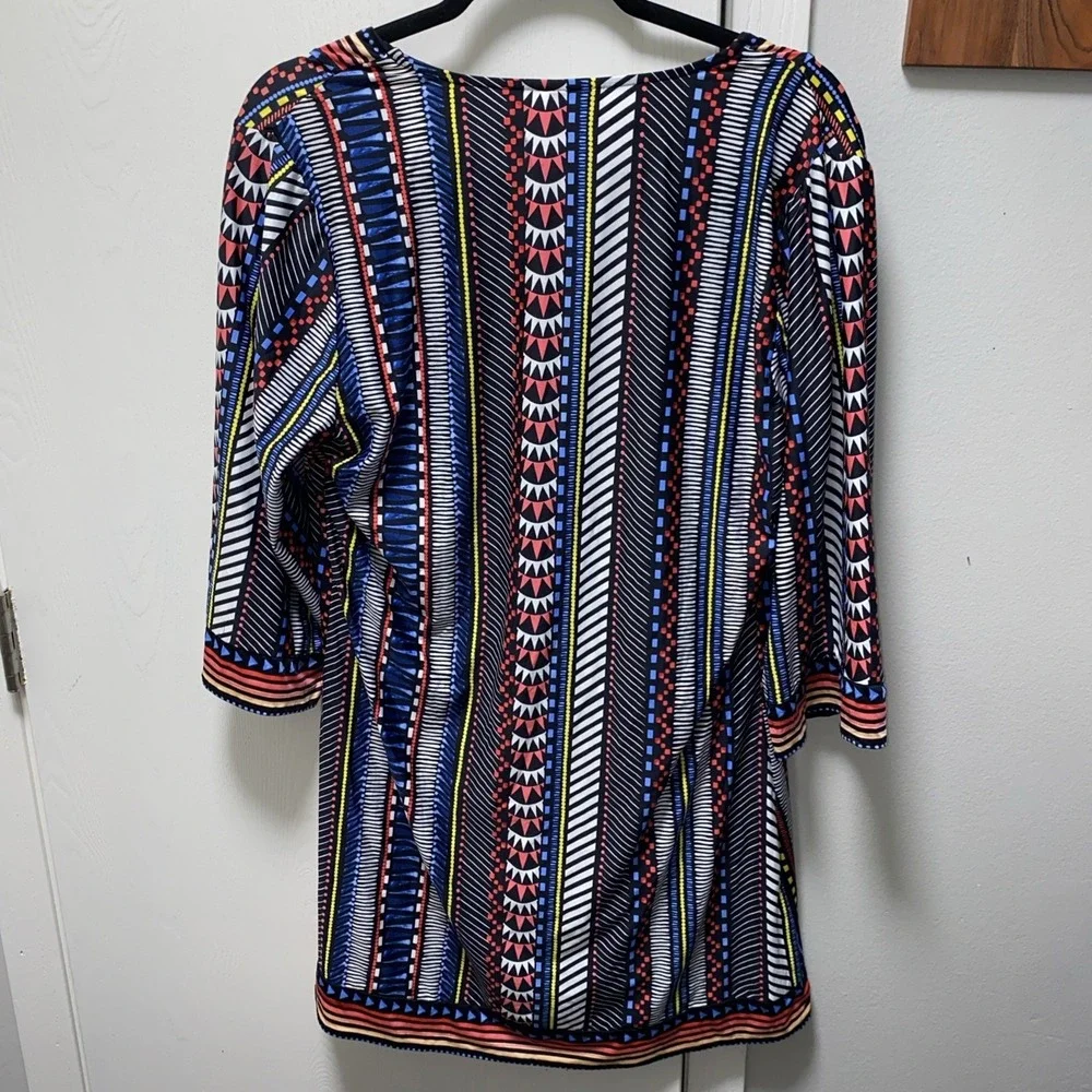 Bar III Large Boho Geometric Tribal Print‎ Deep V Neck Tunic Top Swim Cover Up